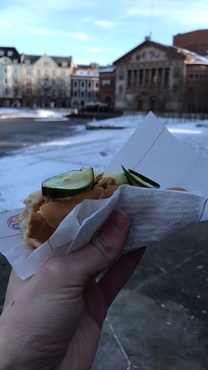 Aarhus Teater, February 2017 Hand holding hotdog in front of Aarhus Teater