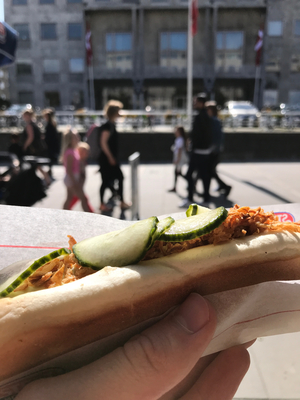 Hand holding hotdog in front of Aarhus Town
Hall