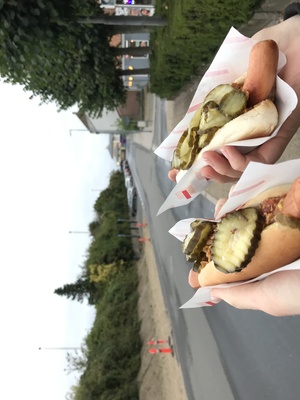 Hand holding hotdog on street in Struer